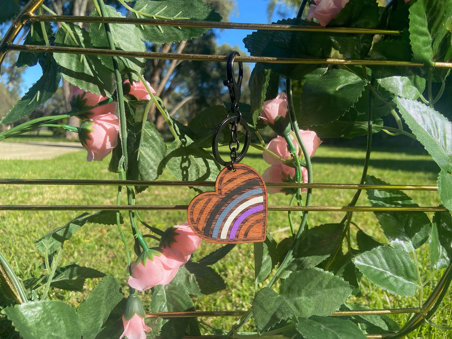 Wooden Pride Heart Keychain - Asexual
